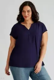 Autograph Top Plus Size 26 Shirt Short/Cap Sleeve Button Front Easy Fit Navy NEW