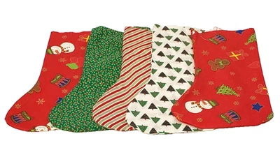 5 Handmade Unfinished Christmas Stockings 11" x 7.5" Snowmen Trees Holly Lined