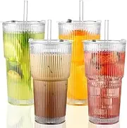 Set of 4 600 ml Drinking Glasses with Lid and Straw, Long Drink Glasses Set, Iced Coffee Cup, Reusable Smoothie Cup for Smoothie, Latte, Macchiato, Whiskey, Gift