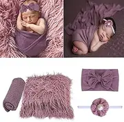 SPOKKI 4 Pcs Newborn Photography Props Outfits- Baby Long Ripple Wrap and Toddler Swaddle Blankets Photography Mat with Cute Headbands for Infant Boys Girls