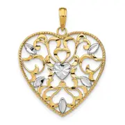 14k Yellow u0026 Rhodium Gold w/Rhodium Filigree Leaf Accent Heart Charm