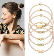 YUXIANLB 5PCS Apricot Boho Hair Ties Bracelet, Guitar String Bracelet, Cute Hair Ties Bracelet Ponytail Holders, Trendy Elastic Hair Accessories, Decorative Gold Beaded Ponytail Tails Hair Tie