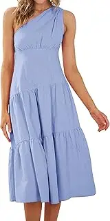 [KIRUNDO] Women's 2023 Summer Dresses One Shoulder Midi Dress Sleeveless Solid Color Ruffle Flowy Swing Tiered Casual Dress
