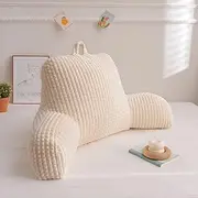 Holawakaka Large Flannel Bed Rest Pillow with Arms, Ivory Reading Pillows Perfect for Adults, Teens, Women Men, Arm, Back, Pregnancy Lumbar & Head Neck Coccyx Lower Back Support Cushion (Ivory)