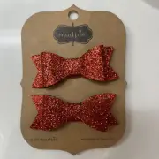Mud Pie Set of 2 Red GLITTER Bow Hair Clips 3" NWT