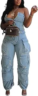 [Tbahhir] Women's Sexy Off Shoulder Tube Denim Cargo Jumpsuits Wide Leg Baggy Loose Jean Pants Rompers Overalls