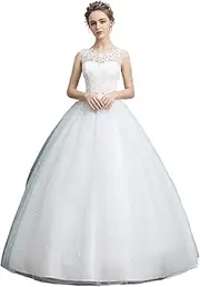 [SMBHIAON] Wedding Dress Ladies - Simple Solid Lace Crew Neck Sleeveless Cut Off Shoulder Bride Wedding Dress,Sexy Backless Lace up Zipper Lawn Beach Wedding Dress