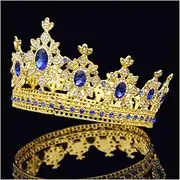 [FrEshn] Queen Crown Baroque Queen King Tiara Crown for Male Wedding Hair Jewelry Red Crystal Round Diadem Gold Head Accessories Bride Queens Crown (Size : Gold Blue)