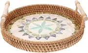 SOLUSTRE Rattan Serving Tray with Dual Handles Natural Shell Design Food Storage for Fruits Snacks Desserts for Picnics Parties Home Decor