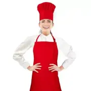 Chef Apron and Hat set, 2 Pockets Adjustable Cotton Kitchen Cooking Bib Red