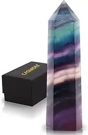 CASMON Colorful Fluorite Wand 3.2”-3.5” Healing Crystal Tower, Natural Large 6 Faceted Polished Point Wand Stone with Gift Box for Reiki, Chakra, Meditation, Collection, Home Décor