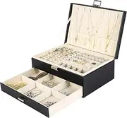 [Generic] Jewellery Box - Travel Jewellery Organiser - Black 2-Layer Jewelry Box Case with Metal Clip Lockable Flip Top & Bottom Slide Drawer, Travel Jewellery Boxes Organisers with Multiple Slots Jewelry Boxes