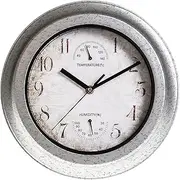 Waterproof Wall Clock, 28.5cm Diameter Wall Hanging Clock with Thermometer and Hygrometer, Battery Powered Round Quartz Clock for Garden (White)