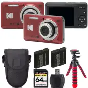Kodak PIXPRO FZ55 Digital Camera (Red) + Extra Battery +Tripod + 64GB Kit