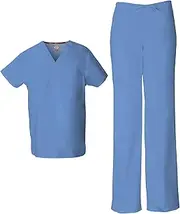 [Dickies] EDS Signature Unisex Scrubs Set 83706 Tuckable V-Neck Top & 83006 Drawstring Pant, Ciel-XL Top/L Pant, White, Large Top / Medium Pant