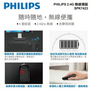 PHILIPS 無線滑鼠 電腦滑鼠 辦公滑鼠 人體工學 USB滑鼠 2.4G 隨插即用 SPK7423 現貨 廠商直送