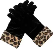 [DINPREY] Women's Stretch Fleece Leopard Print Gloves Animal Leopard Print Faux Fur Trim Touchscreen Gloves for Texting & Touchscreens