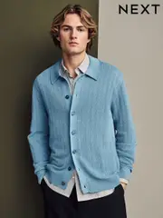Blue 100% Cotton Regular Fit Textured Stripe Button-Through Jumper (AA8122) | $66
