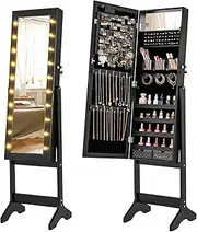 Giantex Mirror Jewelry Cabinet, Standing Jewelry Armoire Organizer w/Full-Length Mirror & 20 Warm Lights, 4 Tilt Angles, Jewelry Armoire w/ 3 Acrylic Storage Boxes & Velvet Pocket (Black)