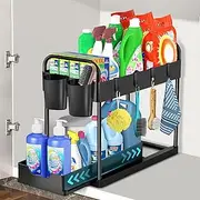 HABOWN Under Sink Shelf, 2 Tier Kitchen Organiser, Kitchen Shelf, Pull-Out Cabinet with 4 Hooks & 2 Cups, Extendable Drawer, Spice Rack, Dishwasher Shelf