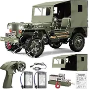 Yiwsnust RC Jeep 1/10 Scale Willys Hobby RC Car Off-Road Military Crawler, 2.4Ghz Military Truck 4WD RC Crawler with Light, Tarpaulin, Metal Shaft, 4x4 Off Road Vehicle RTR Jeep Car, 2 Batteries