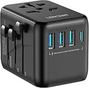 LENCENT Universal Travel Adapter, International Charger with 3 USB Ports & Type-C PD Charging Adaptor for Cellphones,Laptop, All in 1 Travel Plug Adapter for Over 200 Countries (USA UK EU AUS) Black