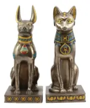 Egyptian Goddess Bastet And God Anubis Sitting On Pedestal Statue Set Of 2