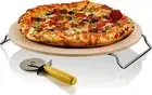 Ceramic Flat 13 Inch Pizza Stone Set with Crust Cutter Wheel & Metal Rack/Handle