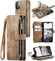 [ELEPIK] for iPhone 13 Case, iPhone 13 Wallet Case with Card Holder, Kickstand, Wristlet for Women Men, Durable PU Leather Magnetic Wallet Phone Case for iPhone 13, Elegant Brown