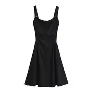 Spaghetti Strap Square-Neck Plain Ruched Midi Bodycon Dress Black - M