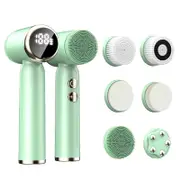 6 In 1 Ultrasonic Electric Face Cleansing Brush Compress Therapy Facial Exfoliating Pore Cleaner Blackhead Removal (Green)