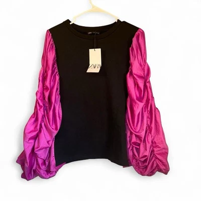 NWT Women's Zara Black with Pink/Purple Puff Sleeves Pullover Sweater sz M