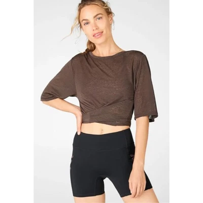 NWT Fabletics Ryan Short-Sleeve Tie Up Tee Brown Short Sleeves Cropped Top Sz S