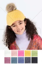 C.C 2-7 yrs Kid Girl Boy Knitted Brim Soft Beanie Hat with Natural Faux Fur Pom