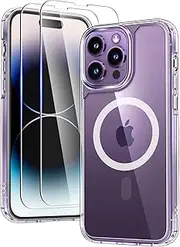 TAURI 3 in 1 for iPhone 14 Pro Case 6.1" with 2-Pack Screen Protector, Compatible with MagSafe, Military-Grade Protection, [Anti-Yellowing] Shockproof Transparent Magnetic Phone Cover -Clear