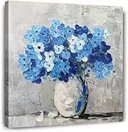 Waowumar Flowers Canvas Wall Art Blue Blossom Pictures Contemporary Palette Knife Floral Textured Painting for Bedroom Living Room Décor