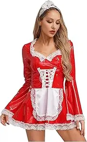 [Choomomo] Sexy Maid Outfit Women French Maid Cosplay Lingerie Costume PU Leather Apron Mini Dress with Headband
