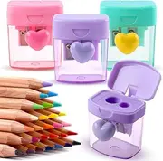 Heart Pencil Sharpener with Container - Pink, Purple, Green - Manual Plastic Pencil Sharpener with Dual Hole Design and Cover - Ideal for Graphite Pencil, Colour Crayon