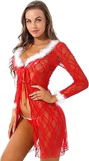 [WANFJ] Lingerie Dress Women Christmas Night Robe Sexy Floral Lace Up Feather Trim Long Sleeve G-String Nightgown