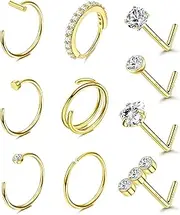 [Briana Williams] Nose Rings 20G Nose Rings Hoops Studs Surgical Steel Nose Rings for Women Men Round Heart Diamond L Shaped Nose Piercings Jewelry 10Pcs