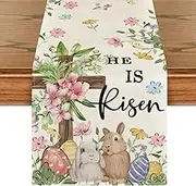 Bunny Rabbits Eggs He is Risen Easter Table Runner, Seasonal Spring Kitchen Dining Table Decoration for Home Party Decor 13x48 Inch