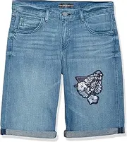 [GUESS] Boys' Embroidered Triangle Logo Patch Linen Denim Shorts