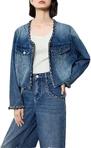 [Generic] Women's Solid Color Round Neck Denim Jacket, Casual Loose Fit with Fringed Patchwork Long Sleeved Denim Jacket