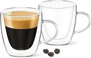 DLux Espresso Coffee Cups 80ml, Double Wall, Clear Glass Set of 2 3oz Glasses with Handles, Insulated Borosilicate Glassware Tea Cup