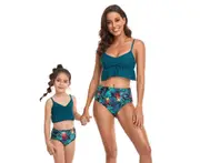 Dadawen Mother Girls Beach Floral Swimsuit Bikini Set-Dark Green