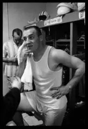 Green Bay Packers Jim Taylor during a locker room interview at the- Old Photo
