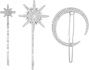 3pcs Moon Star Hair Clips, Silver Rhinestone HairPins Vintage Metal Alloy Diamond-studded Barrettes Crystal Celestial Hair Accessories for Women Girls