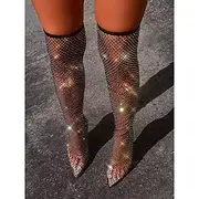 Women's Rhinestone Fishnet Thigh-High Stiletto Boots – Glamorous Over-the-Knee Mesh Heels for Parties and Evening Events