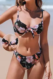 Cupshe Twilight Garden Underwire Bikini Top & High Cut Bottoms Set - Black,M / L