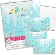 Baby Shower Invites Gender Neutral – Sea Turtle Baby Shower Invitation Bundle with Diaper Raffle Tickets, Book Request Cards & Envelopes. Set of 20 5X7 Complete Pack Under the Sea Kit Sets